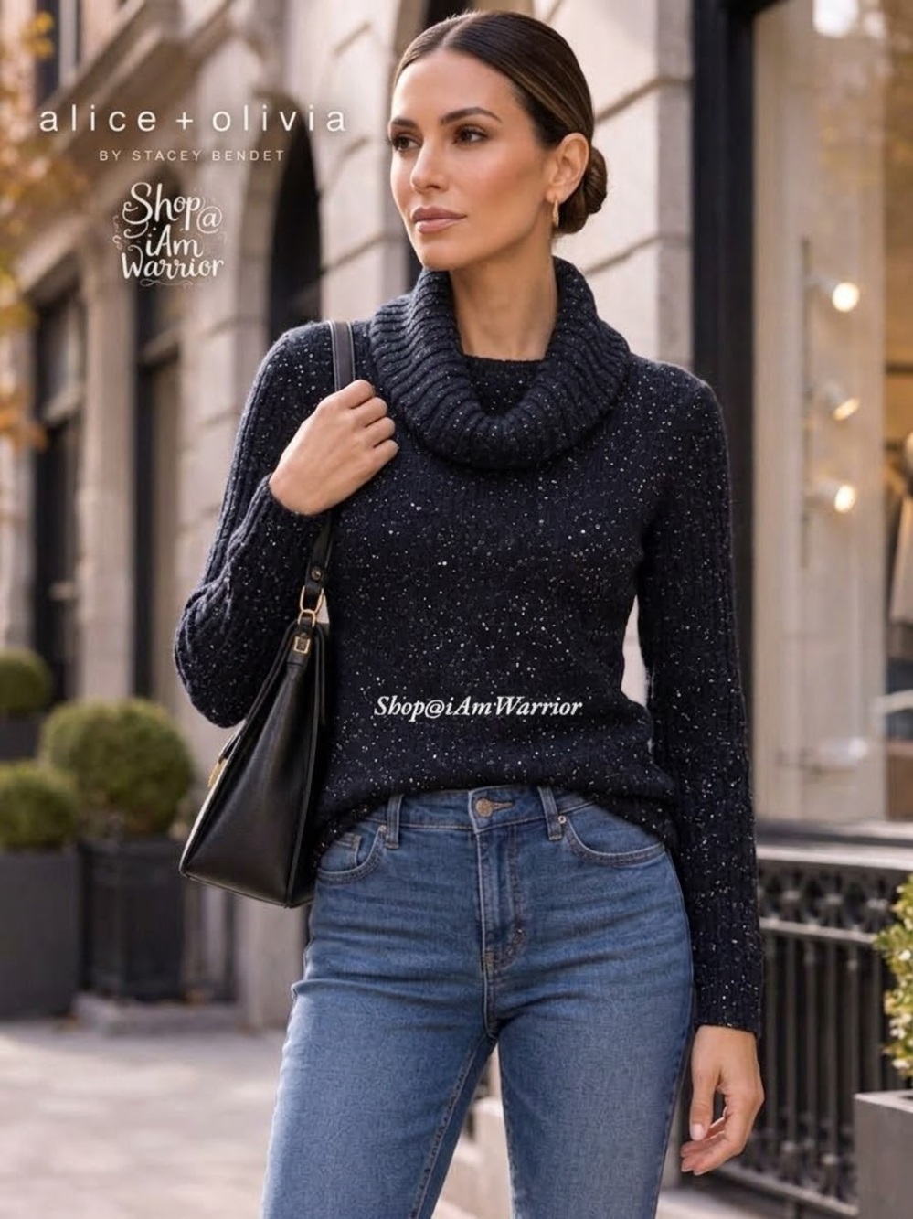 Alice + Olivia Midnight Navy Sequin Wool Cowl Neck Sweater